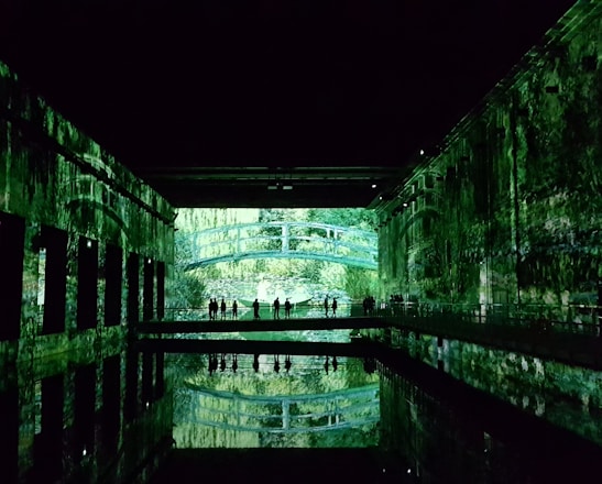 A dark, immersive space with vivid green projections covering the walls and ceiling, resembling a natural, forest-like setting. Silhouettes of people stand on a bridge, creating reflections in the water below.