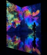 An immersive digital art installation features vibrant, swirling colors projected onto walls. A person stands in silhouette against this vivid backdrop, taking a photo or video. The floor reflects the colorful patterns, creating a mirrored effect.